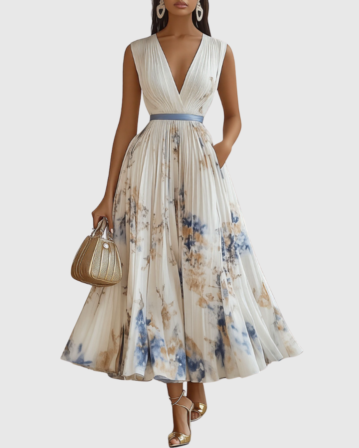 Elegantes, plissiertes Damen Maxikleid mit Blumenmuster, V-Ausschnitt und langen Ärmeln.
