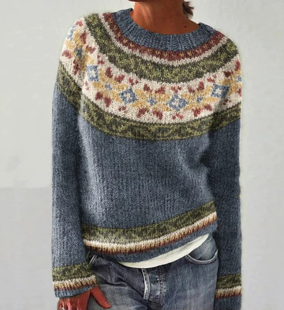 Farbenfroher Damen Retro Strickpullover, weich & warm für kalte Herbsttage.