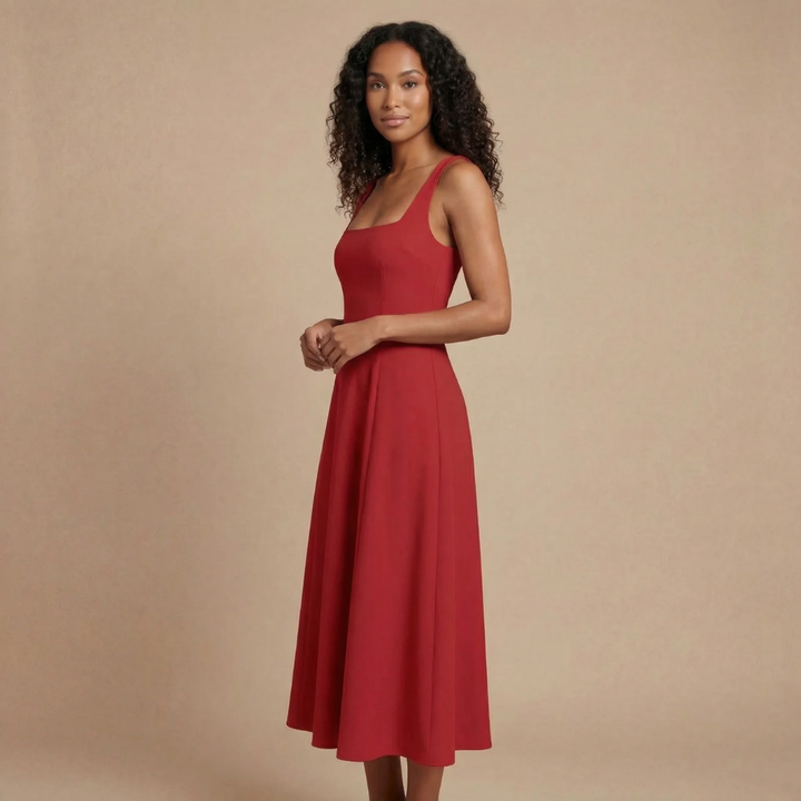 Modernes Damen Midikleid mit Karreeausschnitt, ideal als Abendmode oder schickes Partykleid.