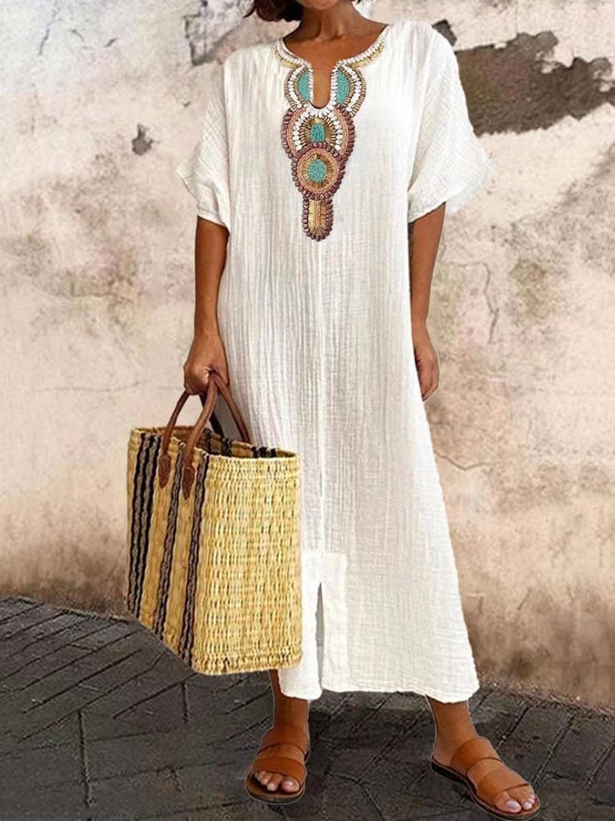 Damen Kaftan-Maxikleid, elegantes Sommerkleid mit feinen Stickereien. Perfekt für Urlaub & Strand.