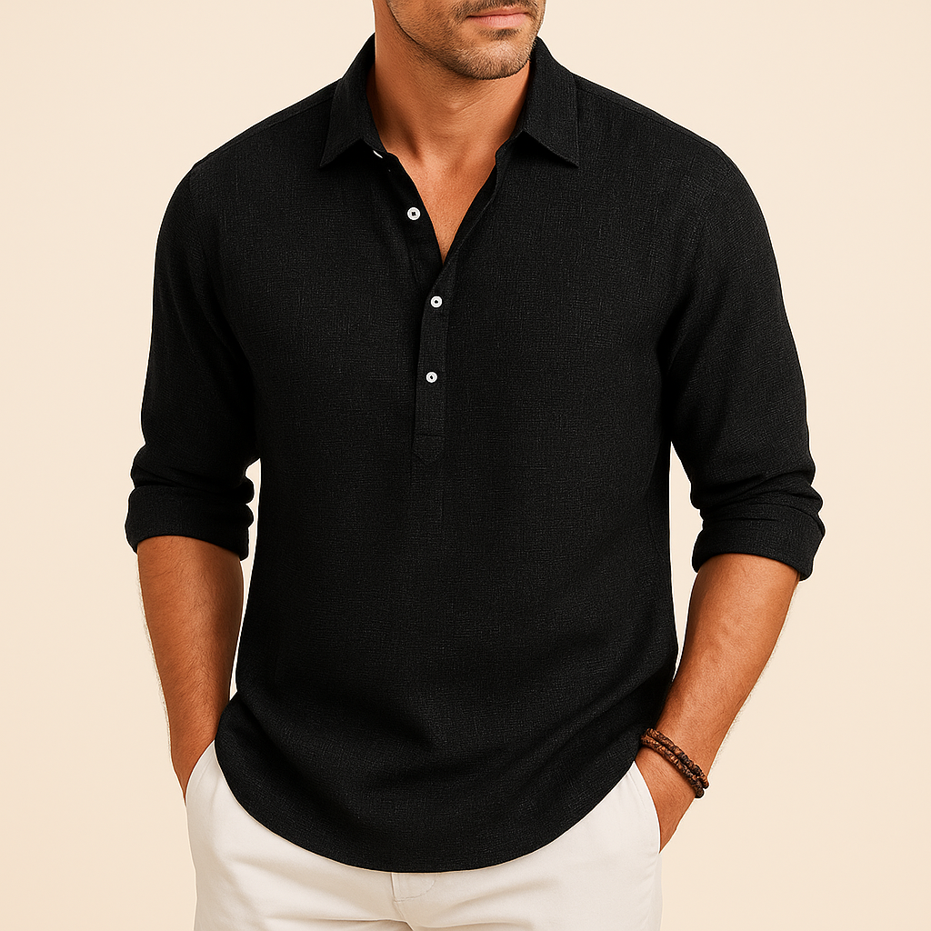 Detailansicht des Herren Henley Langarm Poloshirts. Hochwertiges, langärmliges Oberteil mit Knopfleiste.