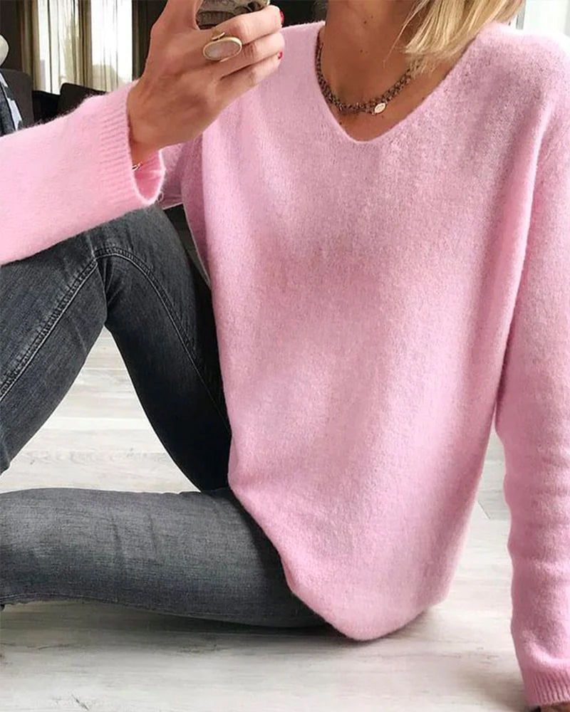 Rosa Damenpullover "Sophie" mit V-Ausschnitt & Langarm. Bequemer Freizeit-Pullover.