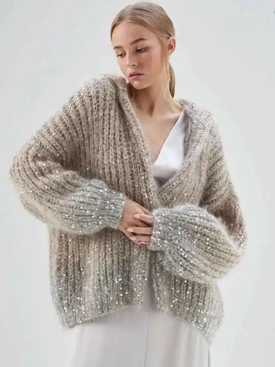 Damen Strickjacke mit Glitzer, luxuriös & warm für Herbst- & Wintermode, erhältlich in 8 Farben.