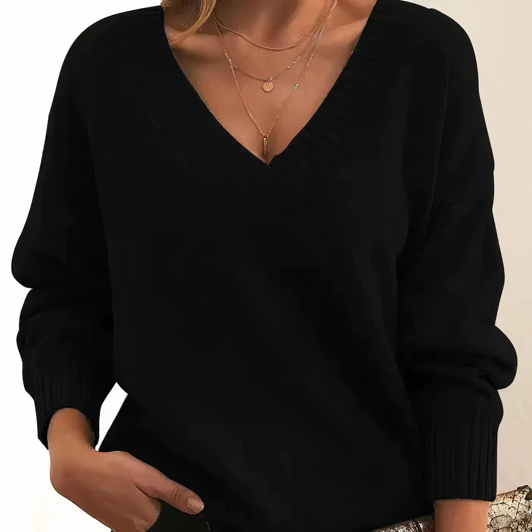 Damen eleganter Strickpullover mit V-Ausschnitt für Herbst & Winter. Kuschelig & bequem.