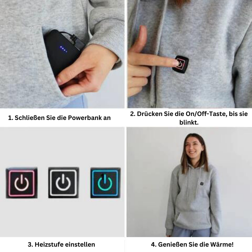 Komfortabler grauer beheizter Hoodie mit integrierter Wärmefunktion, perfekt für kalte Temperaturen und Freizeit.