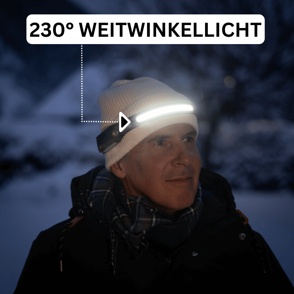 Leichte LED Stirnlampe für Damen & Herren beim Laufen und Sport. Helles Weitwinkel-Licht für Sicherheit.