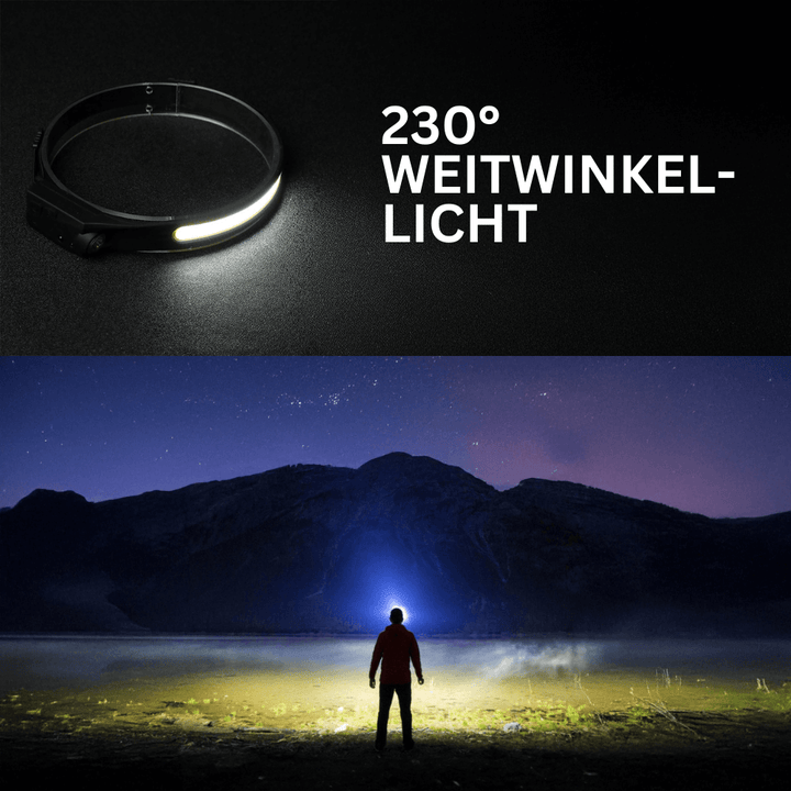 Multifunktionale LED Kopflampe als Arbeitslicht. COB Weitwinkel-Stirnlampe mit Bewegungssensor für Profis.