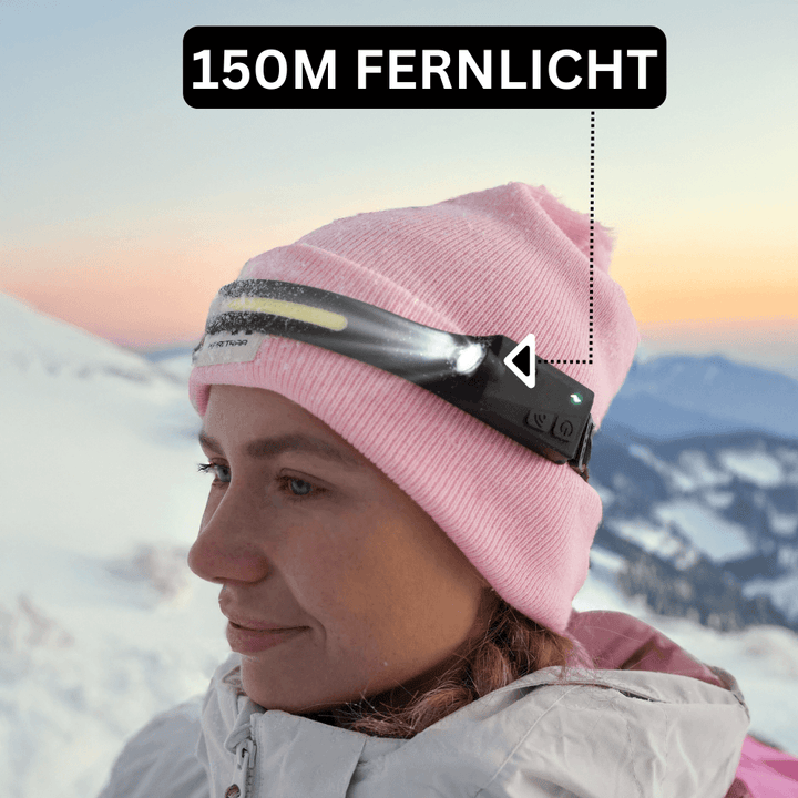 Helle LED Stirnlampe mit COB-Technologie. Weitwinkel-Licht ideal für Outdoor-Abenteuer, Angeln & Reparaturen.
