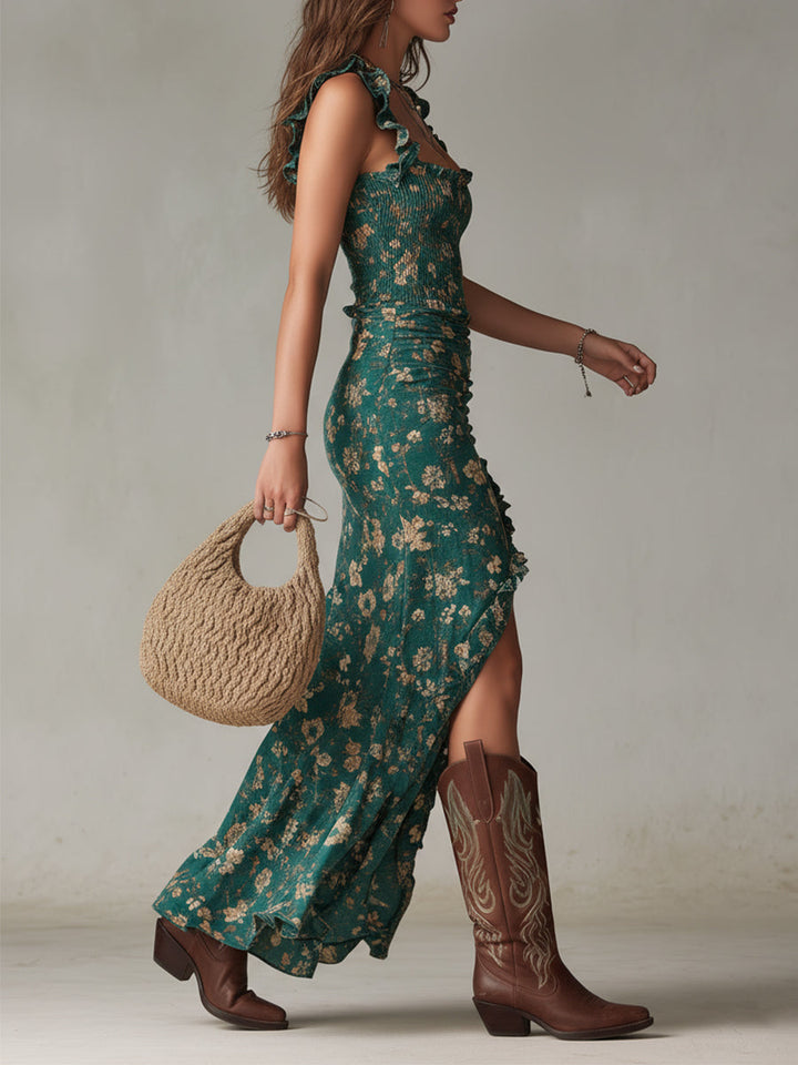 Fließendes Damen Maxikleid in A-Linie, Boho-Stil, elegant, ideal für sommerliche Abendmode.