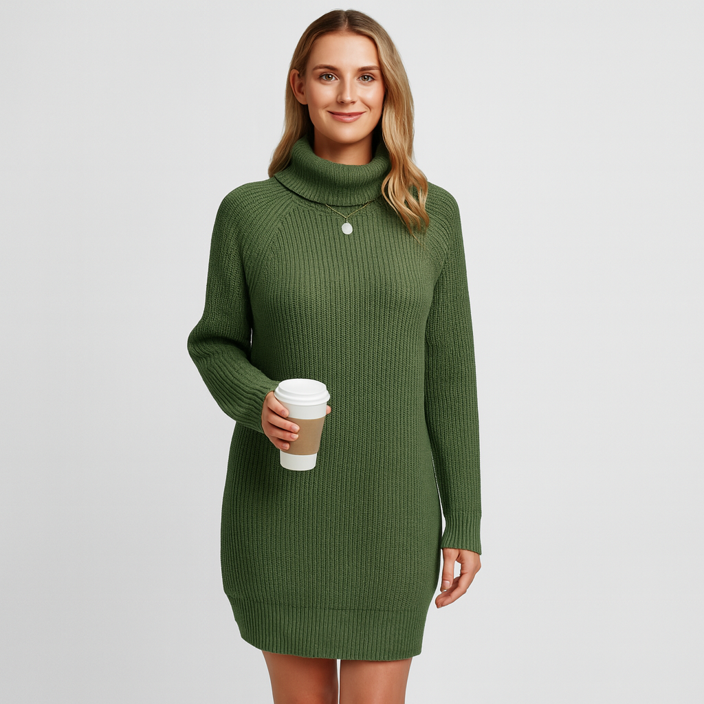 Schickes Damen-Strickkleid, eleganter Schnitt, Midilänge, lange Ärmel. Ein vielseitiges Kleidungsstück.