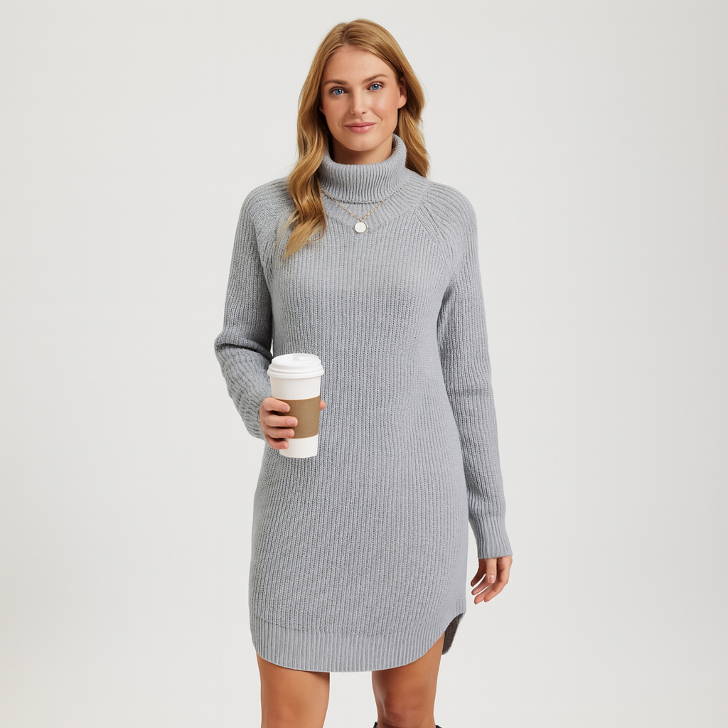 Zeitloses Damen-Strickkleid, Midilänge, langärmlig, figurbetont. Komfortabel für Büro und Freizeit.