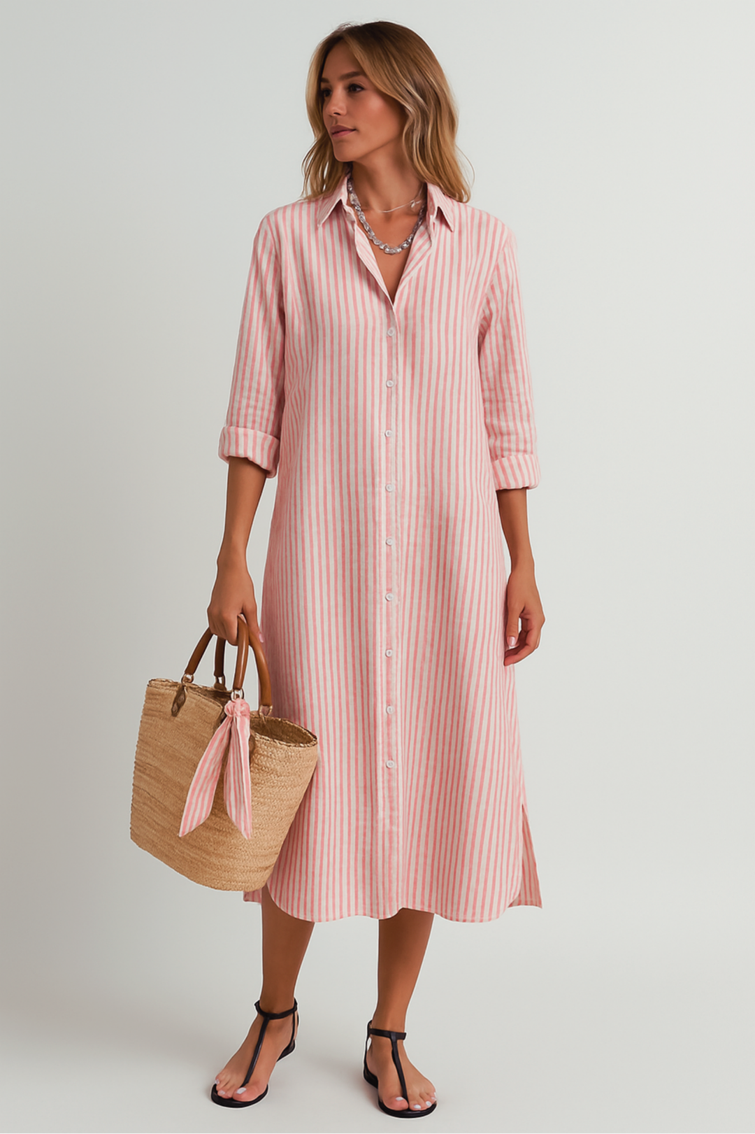 Lässiges Damen Midi Strandkleid mit Streifenmuster, Knopfleiste und 3/4 Ärmeln, ideal für Sommer & Urlaub.