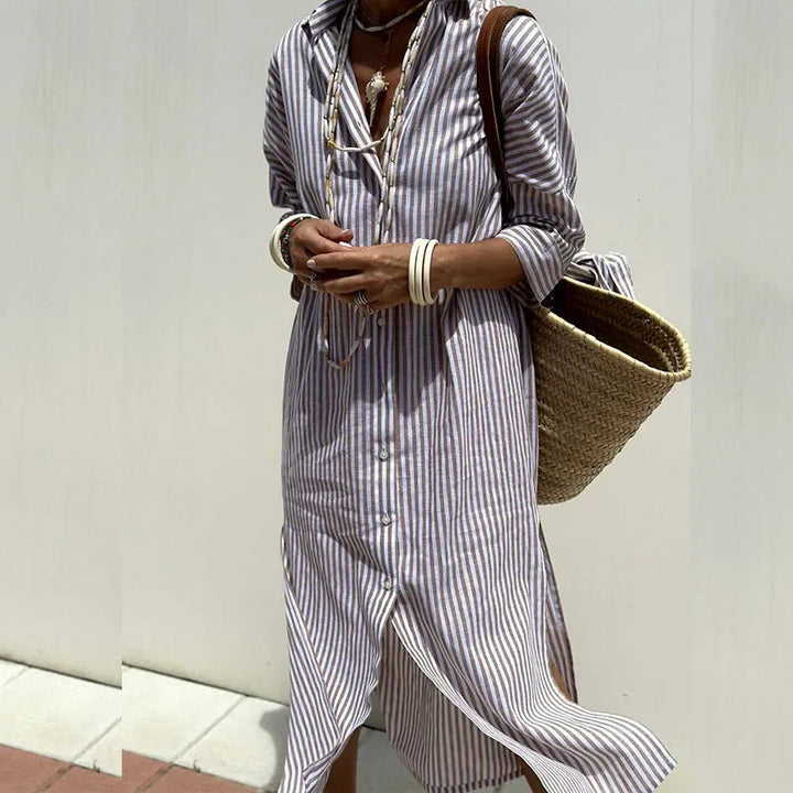 Vielseitiges Damen Freizeitkleid mit Streifenmuster, Knopfleiste & 3/4 Ärmeln; für Sommer & Urlaub.