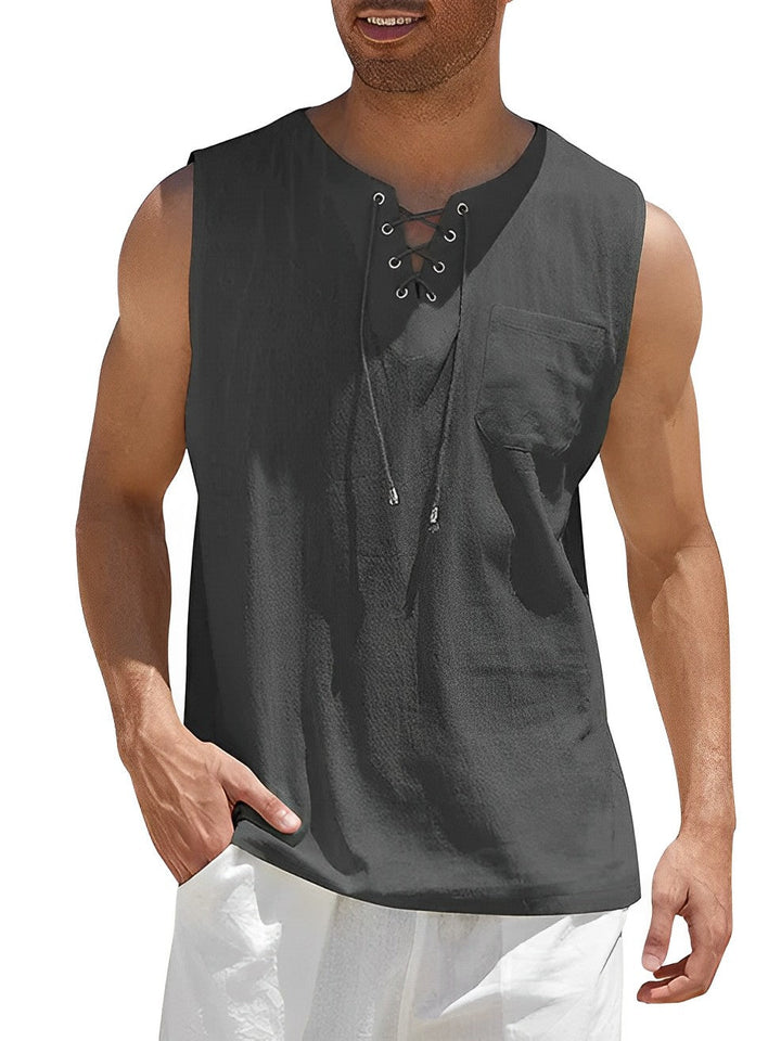 Herren Tanktop Thilo, ärmellos, V-Ausschnitt, Boho-Stil mit Schnürung, lässig & atmungsaktiv.