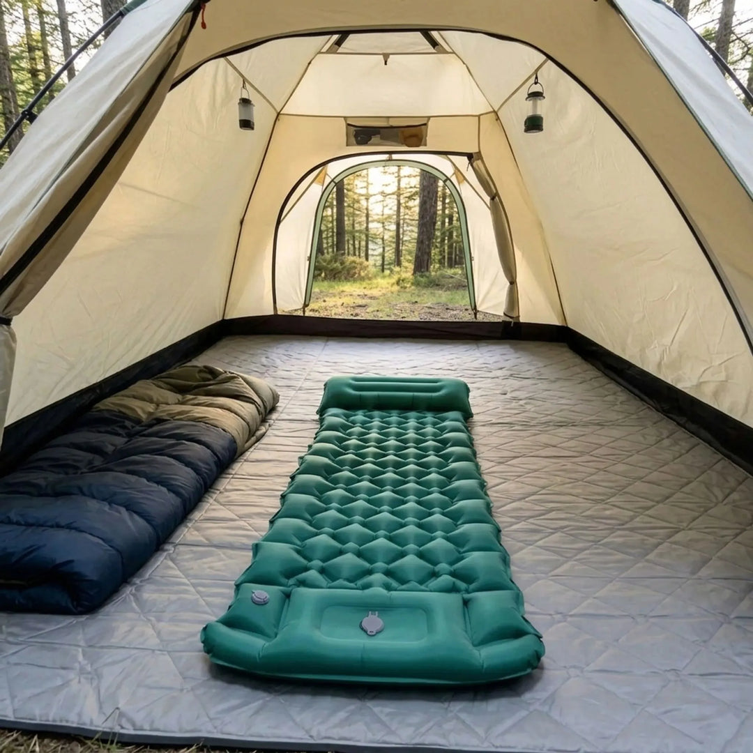 Aufblasbare Camping Isomatte mit integriertem Kissen für bequemen Schlaf beim Outdoor-Camping und Wandern.
