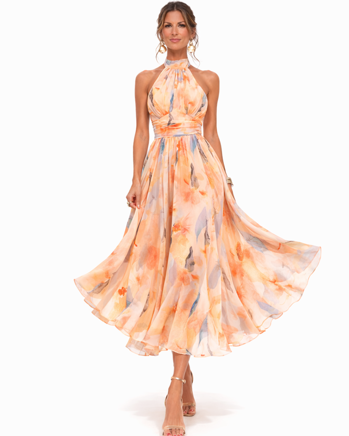 Modisches Damen Maxikleid mit stilvollem Aquarell-Print, perfektes Halterneck-Sommerkleid für Urlaub & Strand.