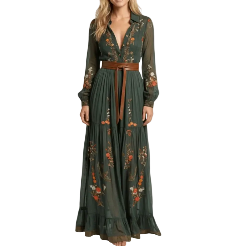 Elegantes Damen Maxikleid mit Gürtel und langen Ärmeln. Modisches Langarmkleid mit Stickereien für Freizeit.