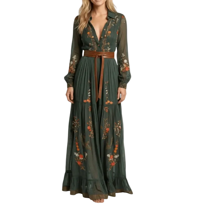 Elegantes Damen Maxikleid mit Gürtel und langen Ärmeln. Modisches Langarmkleid mit Stickereien für Freizeit.