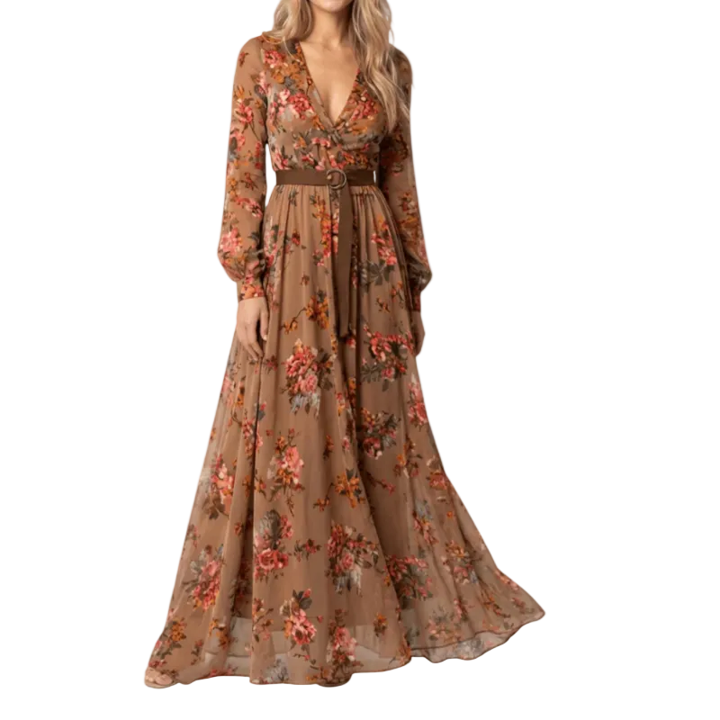 Besticktes Damen Langarm Maxikleid im Boho-Stil. Schönes Gürtelkleid mit Stickereien für Sommer und Herbst.