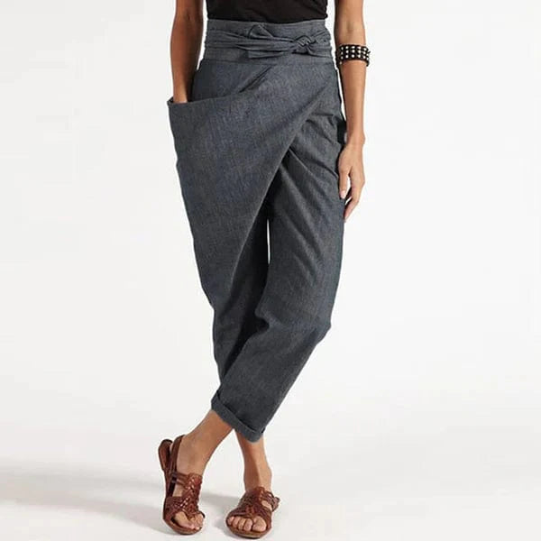 Damen Baggy Sommerhose knöchellang mit hohem Bund und Kordelzug, ideal für entspannte Freizeit-Looks.