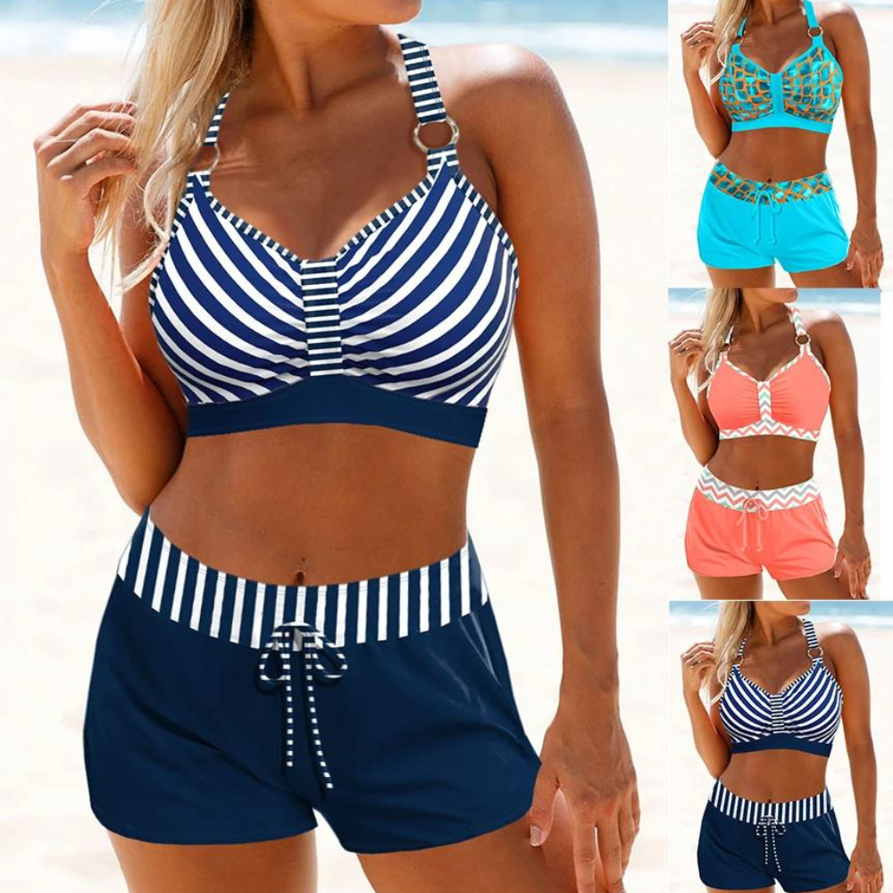 Modernes gestreiftes Damen Bikini-Set mit V-Ausschnitt. Perfekte Badebekleidung für Strandurlaub & Pool.