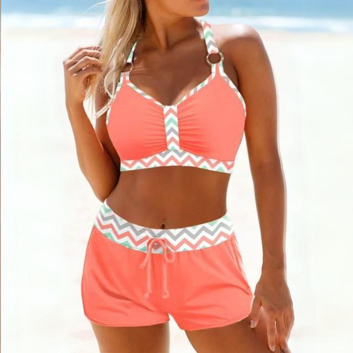Komfortables Damen Bademode-Set, gestreift. Trendiger V-Ausschnitt Bikini für Pool & Strandtage.