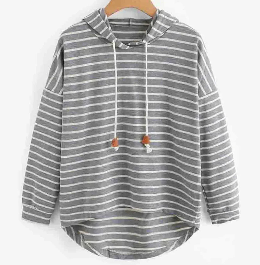 Bequemer Damen Kapuzenpullover mit Streifenmuster, Kängurutasche und verstellbarer Kapuze, ideal für Freizeit.