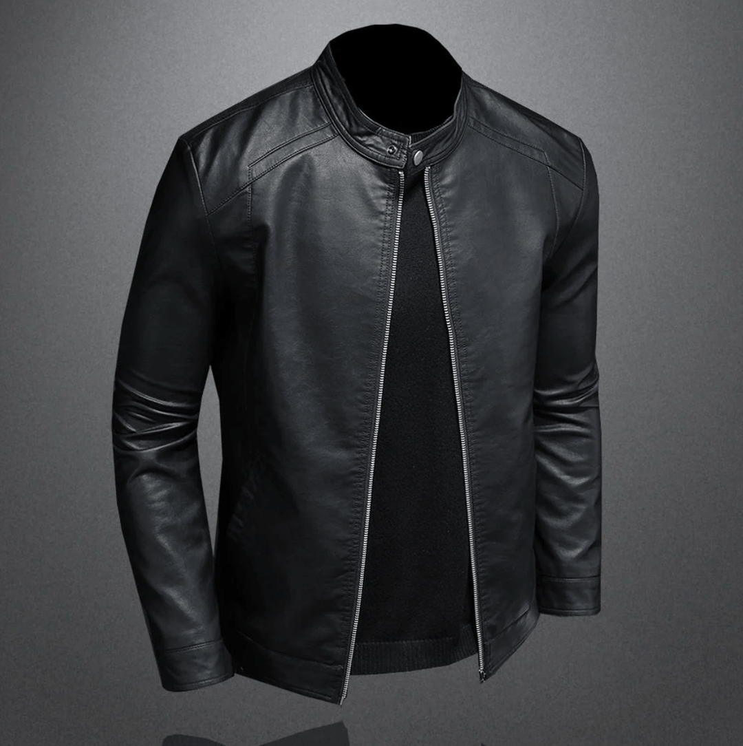 Moderne schwarze Slim-Fit Herrenjacke, ideal für einen stylischen und komfortablen Übergangs-Look.
