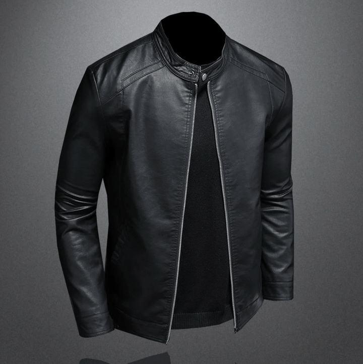 Moderne schwarze Slim-Fit Herrenjacke, ideal für einen stylischen und komfortablen Übergangs-Look.