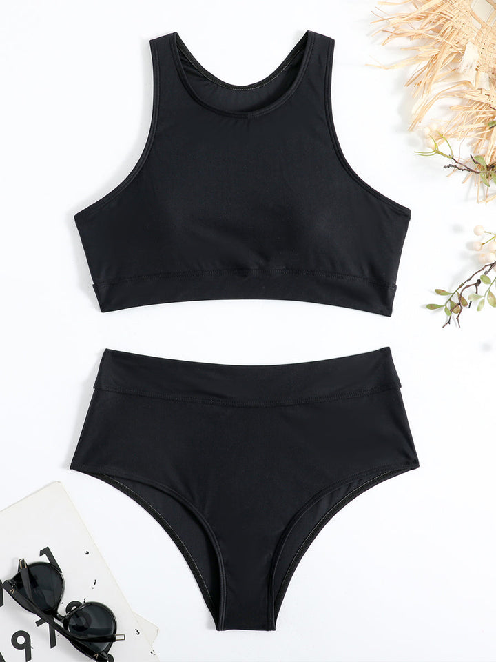 Vielseitiges Damen Bikini Set: Geschlossenes Oberteil und hoher Beinausschnitt, komfortabel für Schwimmbekleidung.