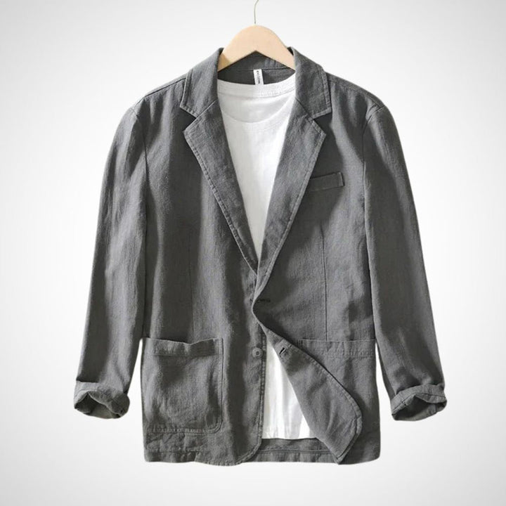 Leichter Herren Taillierter Sommerblazer in Beige mit Reverskragen, perfekt für warme Tage.
