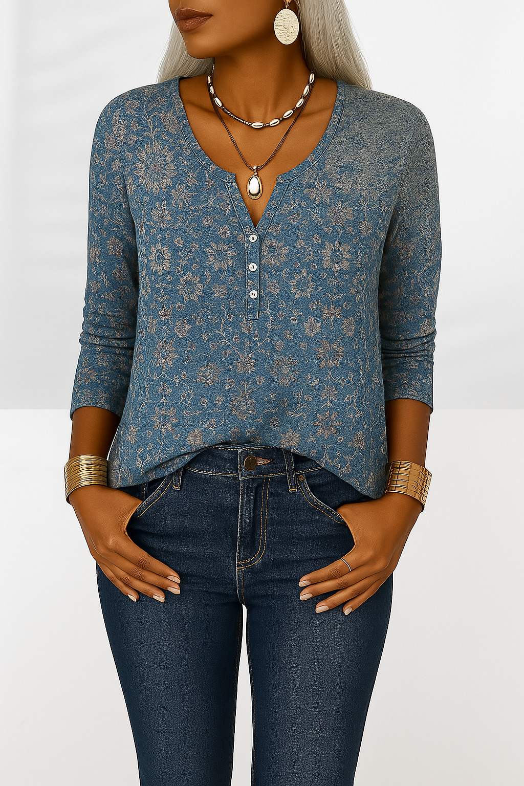 Locker sitzende Damen Langarmbluse mit lebhaftem Blumenmuster und V-Ausschnitt, ideal für lässige Frühlingslooks.