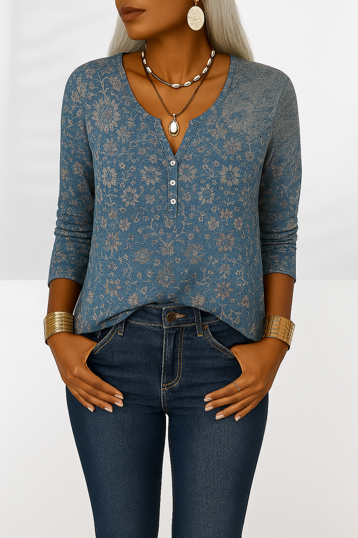Locker sitzende Damen Langarmbluse mit lebhaftem Blumenmuster und V-Ausschnitt, ideal für lässige Frühlingslooks.
