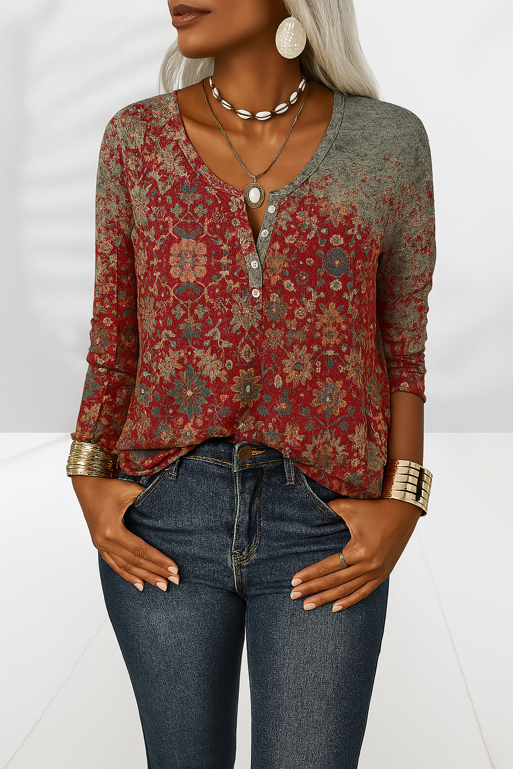 Elegante Damenbluse mit floralem Muster, lockerem Schnitt und V-Ausschnitt, perfekt für Sommer & Frühling. Boho-Stil.