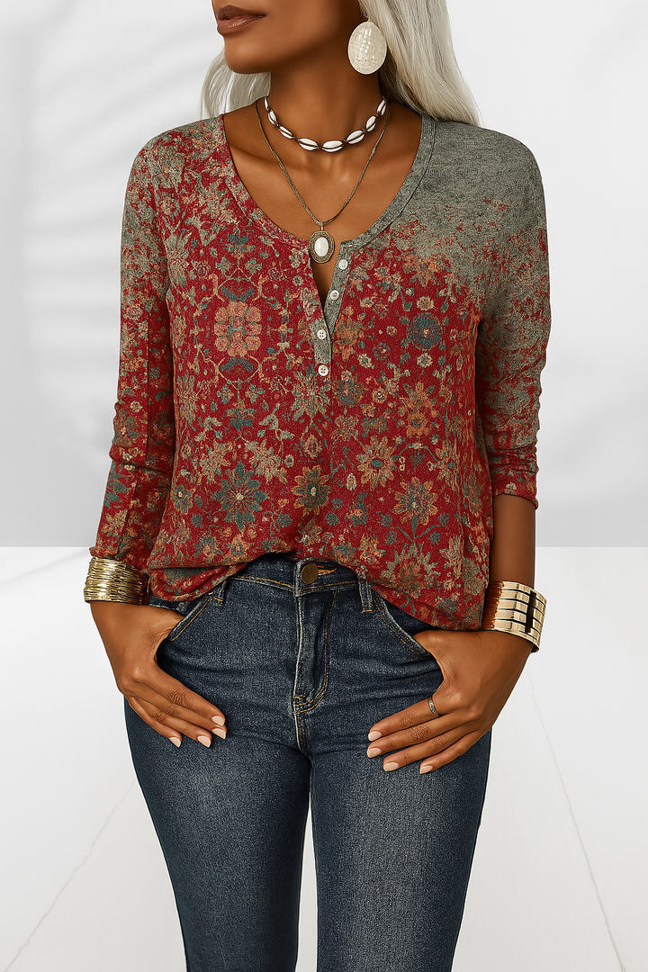 Elegante Damenbluse mit floralem Muster, lockerem Schnitt und V-Ausschnitt, perfekt für Sommer & Frühling. Boho-Stil.
