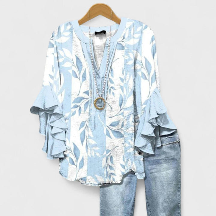 Elegante Damenbluse mit V-Ausschnitt, modischen Volantärmeln; perfekt für Freizeit & Business Casual Looks.