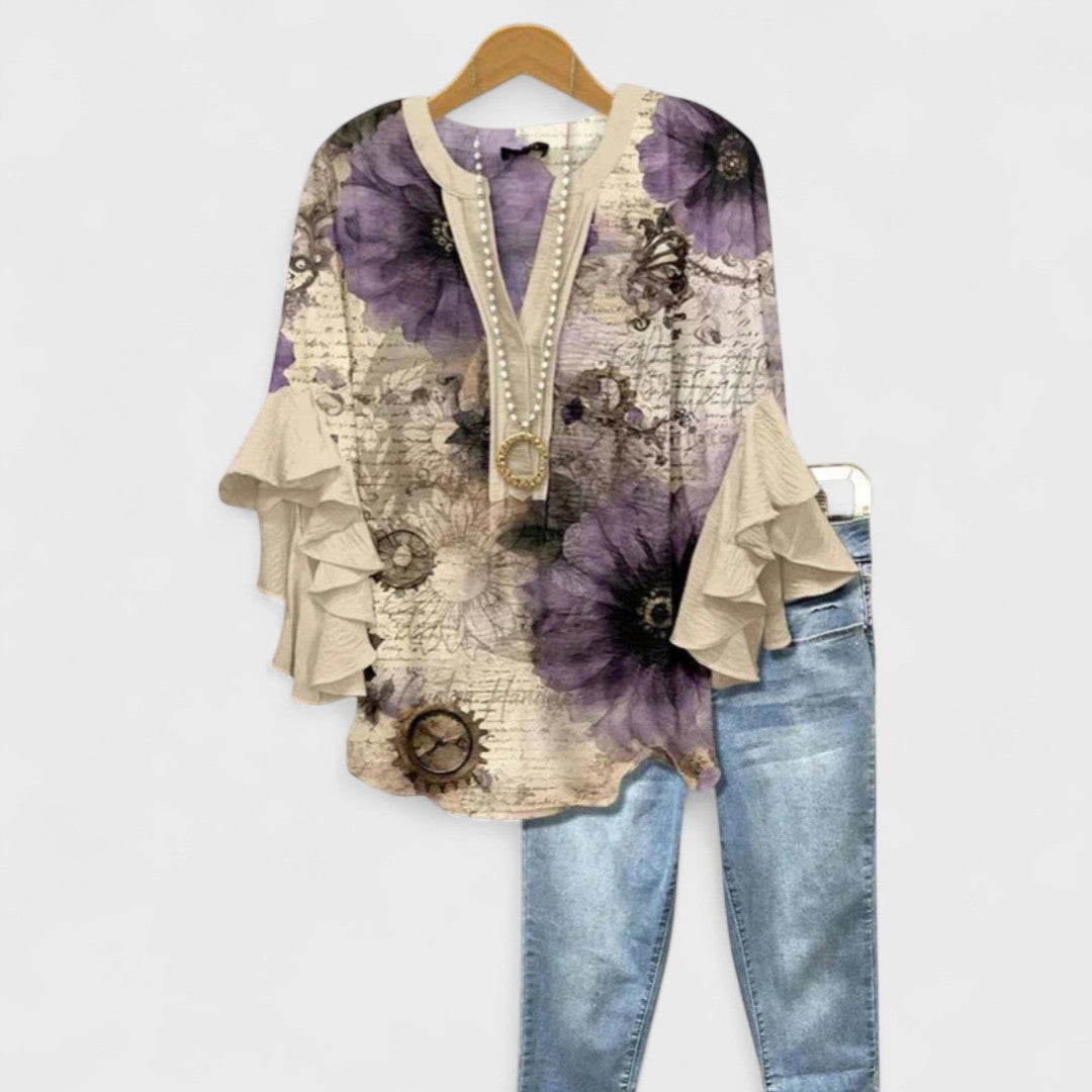 Moderne Damenbluse mit V-Ausschnitt & schwingenden Volantärmeln, eine elegante Freizeit- & Business-Bluse.