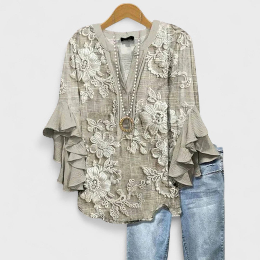 Trendige Damenbluse mit V-Ausschnitt, Volantärmeln; ideal für elegante Freizeit- & anspruchsvolle Business-Outfits.
