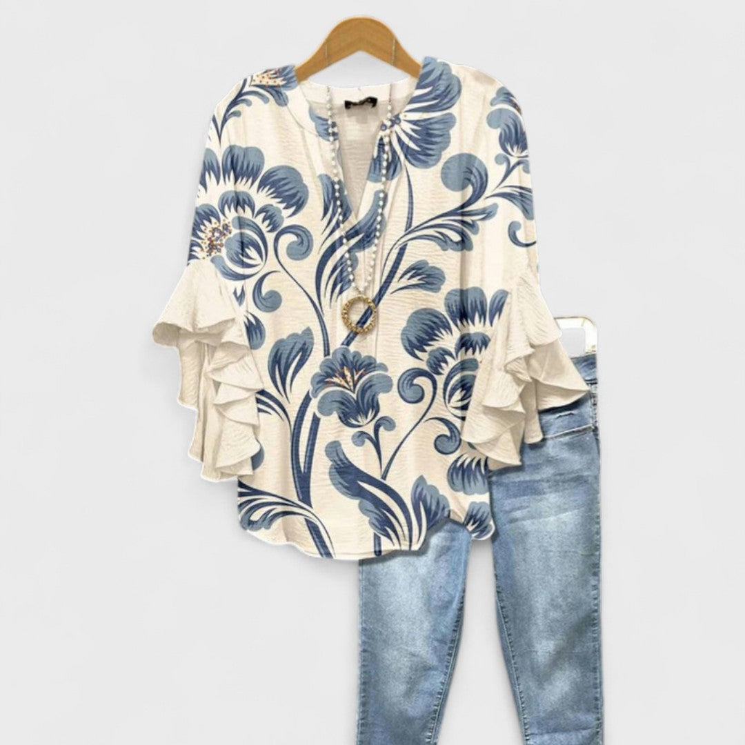 Damenbluse mit V-Ausschnitt & Volantärmeln, elegantes, vielseitiges Oberteil für Sommer & Business Casual.