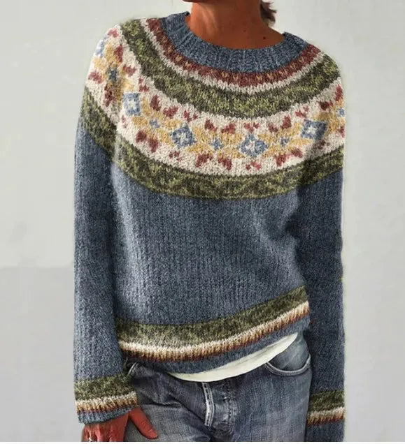 Damen Pullover im Retro-Stil. Gemütlicher, farbenfroher Langarm-Strickpullover für Herbstmode & Wintermode der Frau.