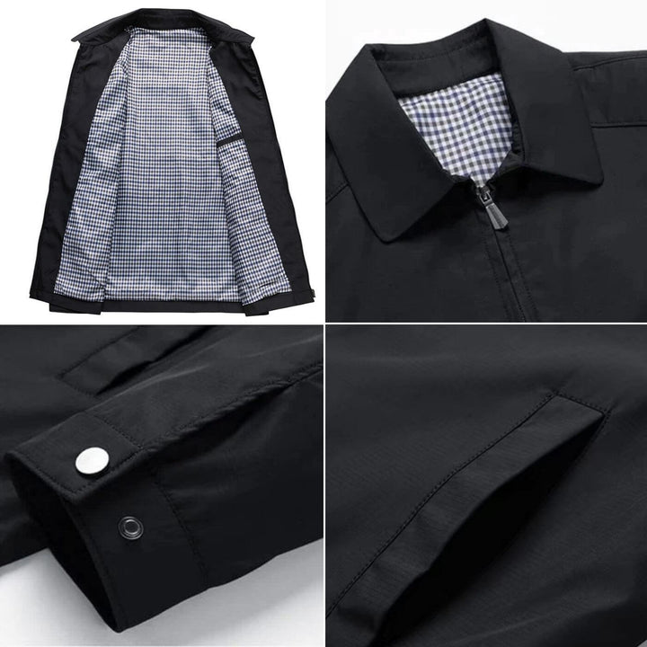 Detailaufnahme der Slim Fit Herren Übergangsjacke mit stilvollem kariertem Futter. Perfekt für Frühling & Herbst.