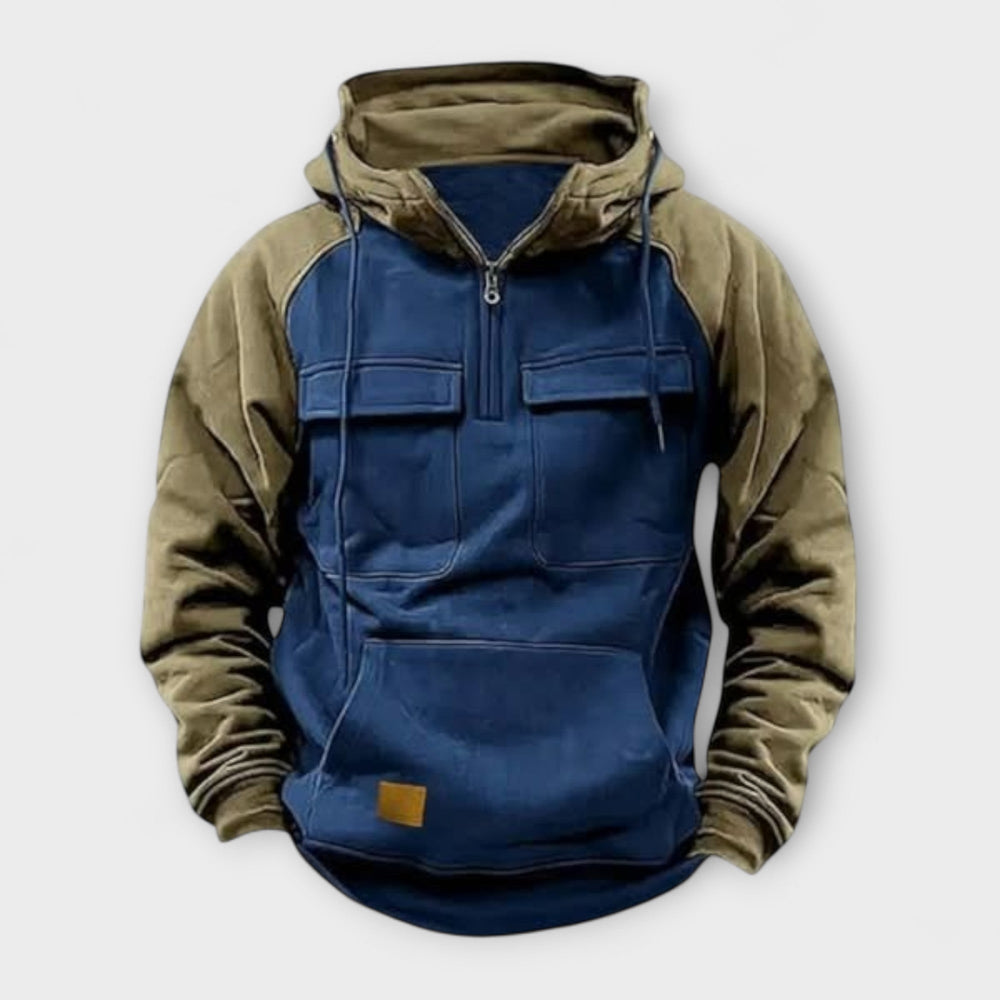 Detailaufnahme: Robuste Herren Kapuzenjacke mit Multitaschen. Bequemer Outdoor-Hoodie für Frühling & Herbst. Perfekt für Freizeit.