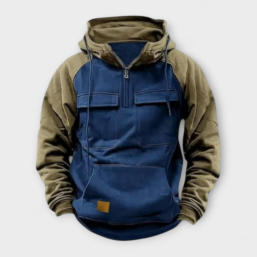 Detailaufnahme: Robuste Herren Kapuzenjacke mit Multitaschen. Bequemer Outdoor-Hoodie für Frühling & Herbst. Perfekt für Freizeit.
