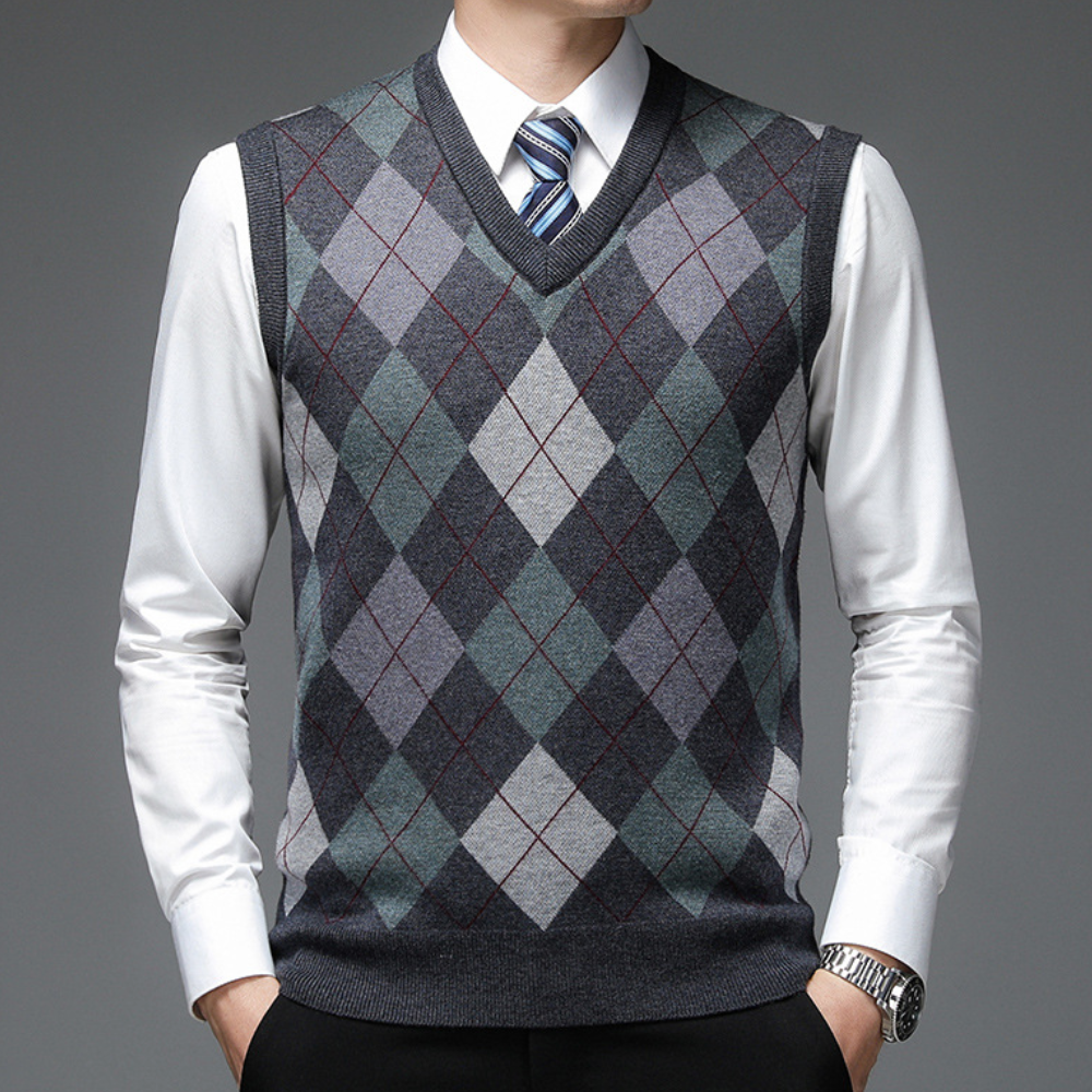 Eleganter Herren V-Ausschnitt Pulloverweste, ärmellos. Bequeme Strickweste für Business Casual und Layering.