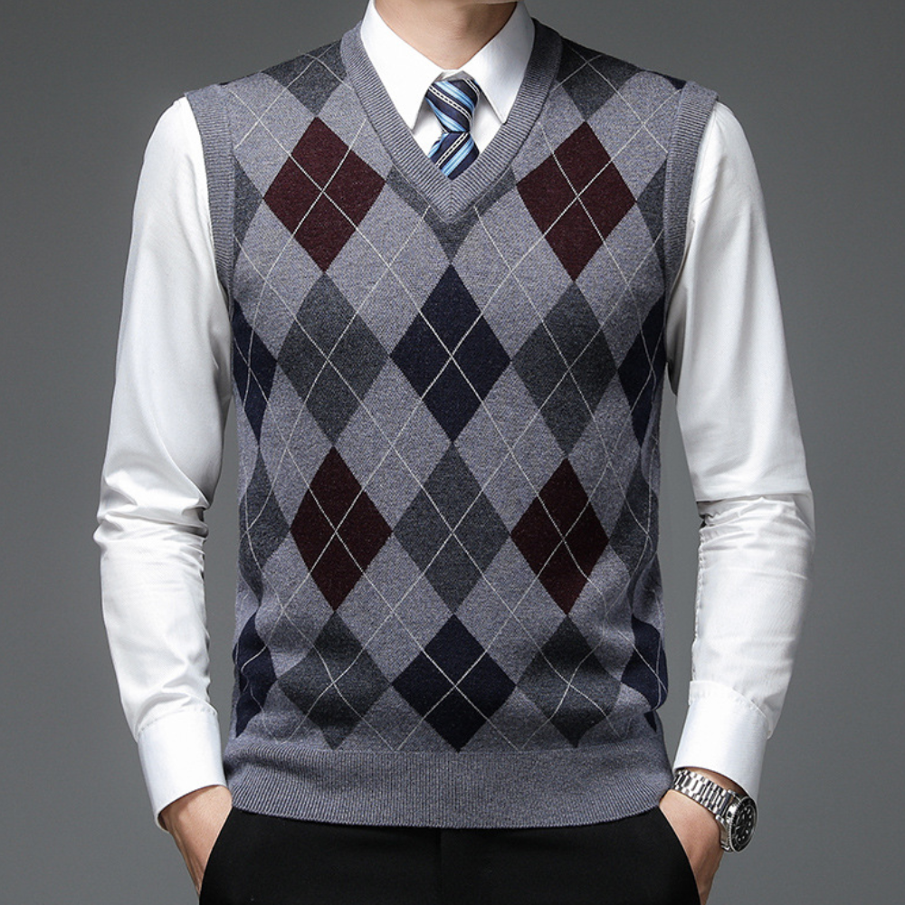 Hochwertige Herren Pulloverweste mit V-Ausschnitt, ärmellos. Perfekt als Business Casual oder Freizeitmode.