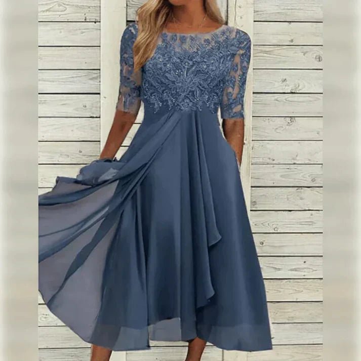 Vielseitiges Damen Midi-Kleid mit Spitzenoptik und A-Linie; stilvoll für diverse besondere Anlässe.