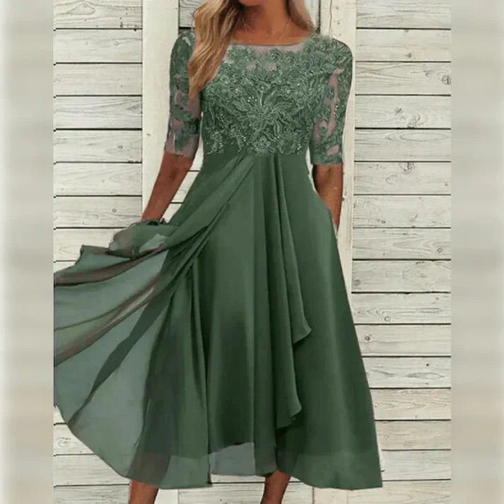 Leichtes, elegantes Damen A-Linien Midi-Kleid mit Spitze, ideal als sommerliches Abendkleid.