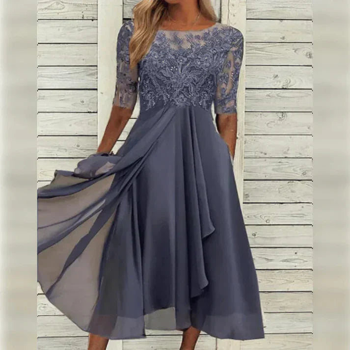 Festliches Damen Midi-Kleid in A-Linie mit Spitze, perfekt als Hochzeitsgast-Outfit oder Abendkleid.