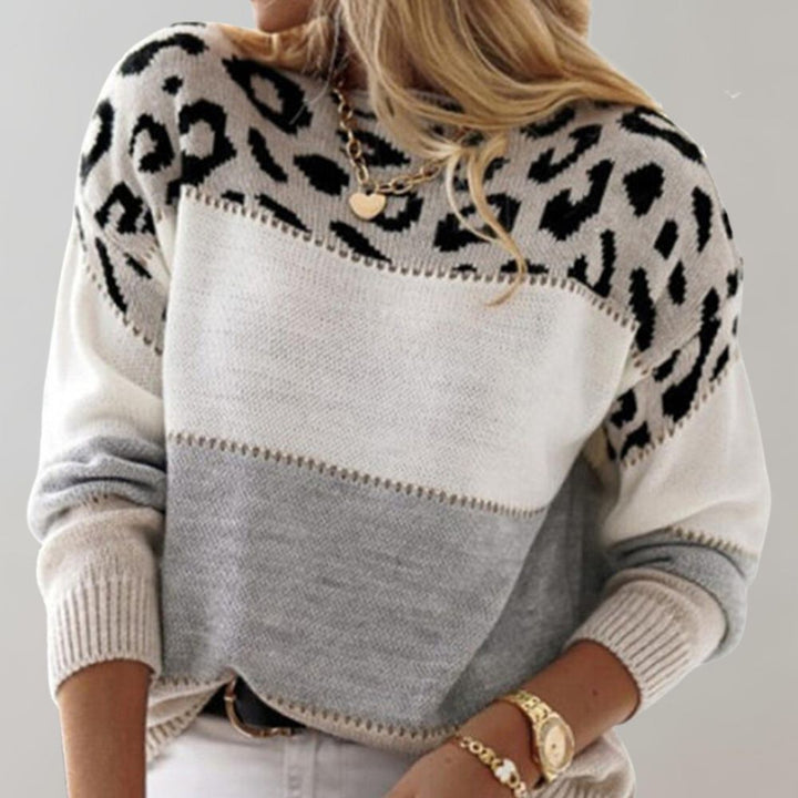 Gemütlicher Damen Strickpullover, super weich, mit modernem Farbblock und angesagtem Leoparden-Print. Herbst/Wintermode.
