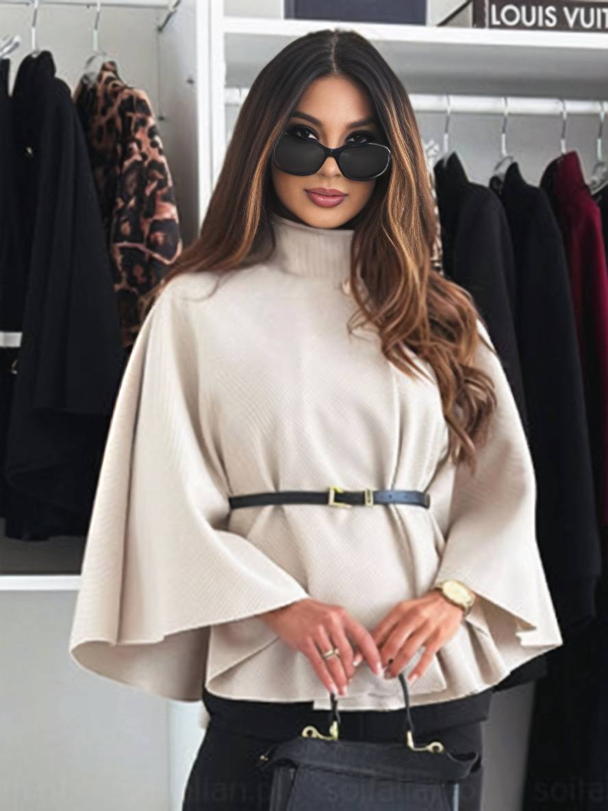 Stylische Damen Herbst-Ponchojacke mit Gürtel & Fledermausärmeln – ein vielseitiges Mode-Highlight.